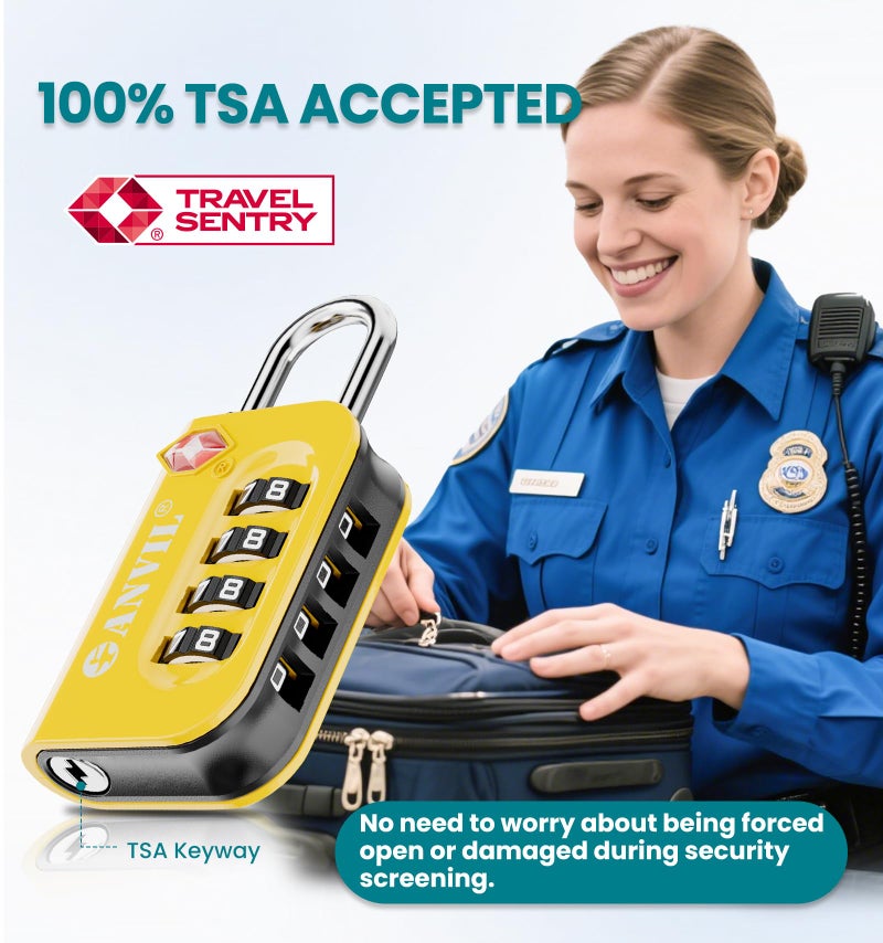 ANVIL TSA Approved Luggage Lock - 4 Digit Combination, 10,000 Combinations, Easy-Read Password Window, Travel Lock for Suitcases, Backpacks, Gym & Student Lockers, Baggagee (Yellow 4 Pack) - Image 2